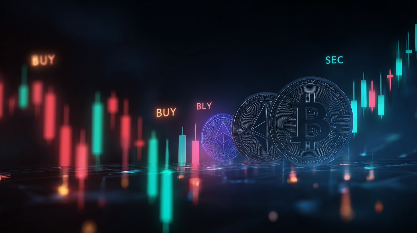 Holographic crypto trading signal cards with candlestick charts